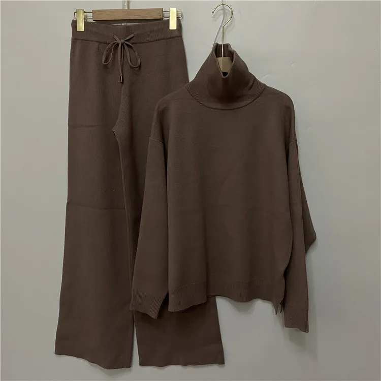 Luxury Two Pieces 45% Cashmere + 30% Wool Suits Female Turtleneck Warm Mink Cashmere Knit Tops +  Wide Leg Wool Pant Sets F2532
