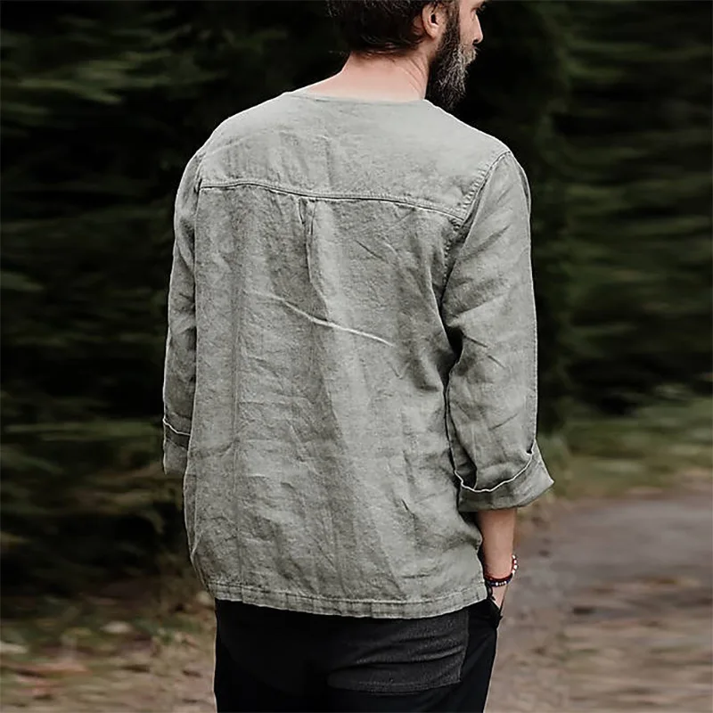 

Men Slim Cotton Linen T-Shirt Shirt Fit Cotton Linen Long Sleeve Basic Top Casual Frenum England Style Pure Color T-Shirts Mens