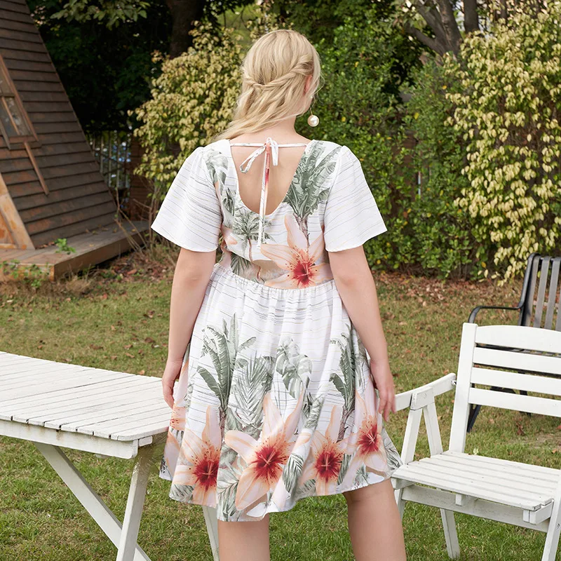 

2021 new large size printed dress women's fresh, sweet and loose Mori skirt waist short sleeve dress