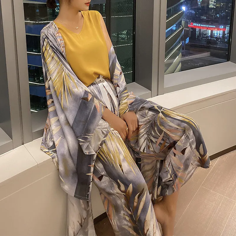 

Ladies Pajamas Floral Printed Home Suit 4 Pieces Tanks Shorts Trousers Women's Clothes 2021 Spring Autumn Female Casual Homewear