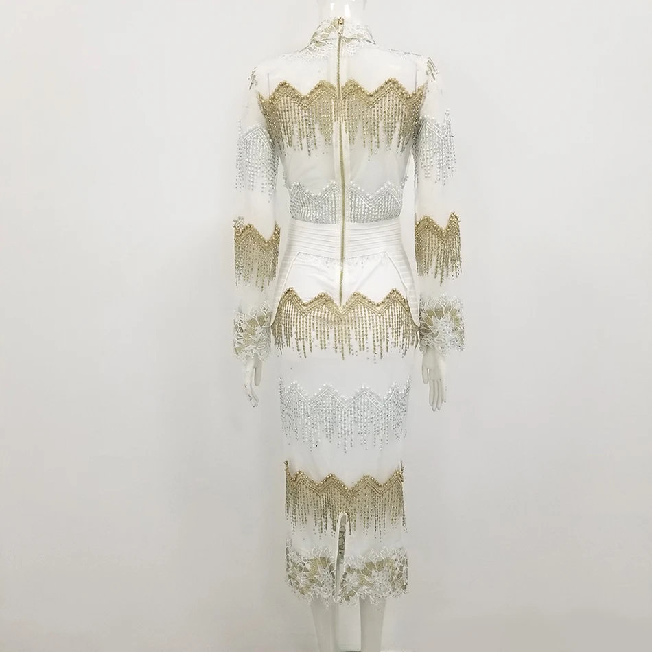 2019 осеннее Новое Женское модное сексуальное Белое лоскутное платье с бусинами и