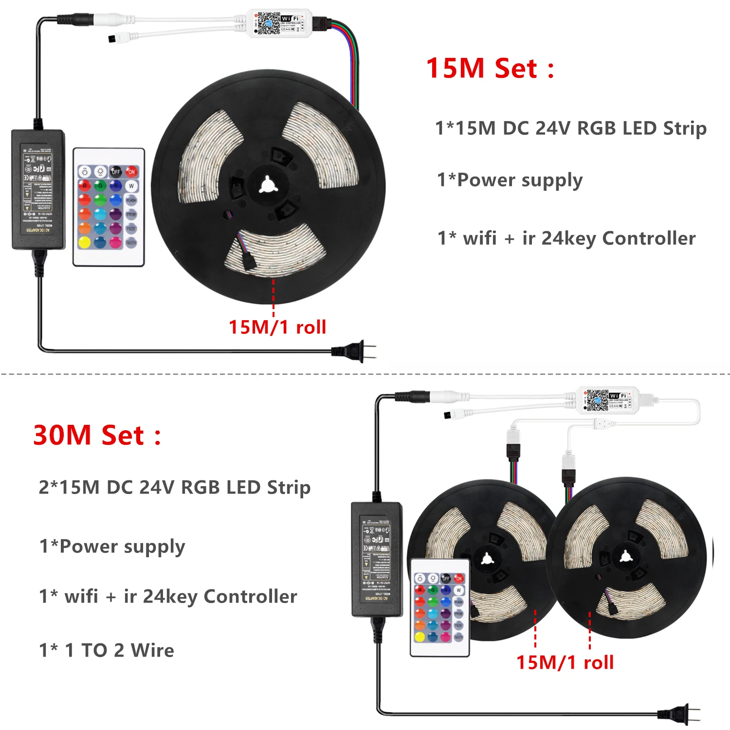 15M WiFi LED Strip Light RGB Tape Diode Neon Ribbon tira fita SMD 5050 30M Flexible Light String With WiFI Controller adapter