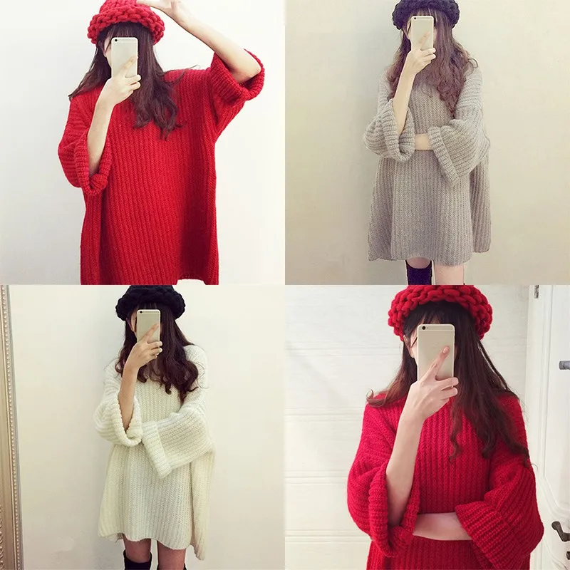Women Autumn Winter Pullover sweater Solid Color Bat Sleeved Round Collar Loose Bottom Sweet femele clothes | Женская одежда