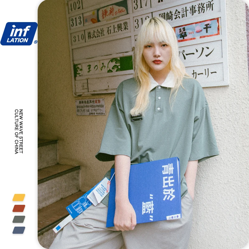 Мужская Однотонная рубашка поло INFLATION из 100% хлопка с отложным воротником