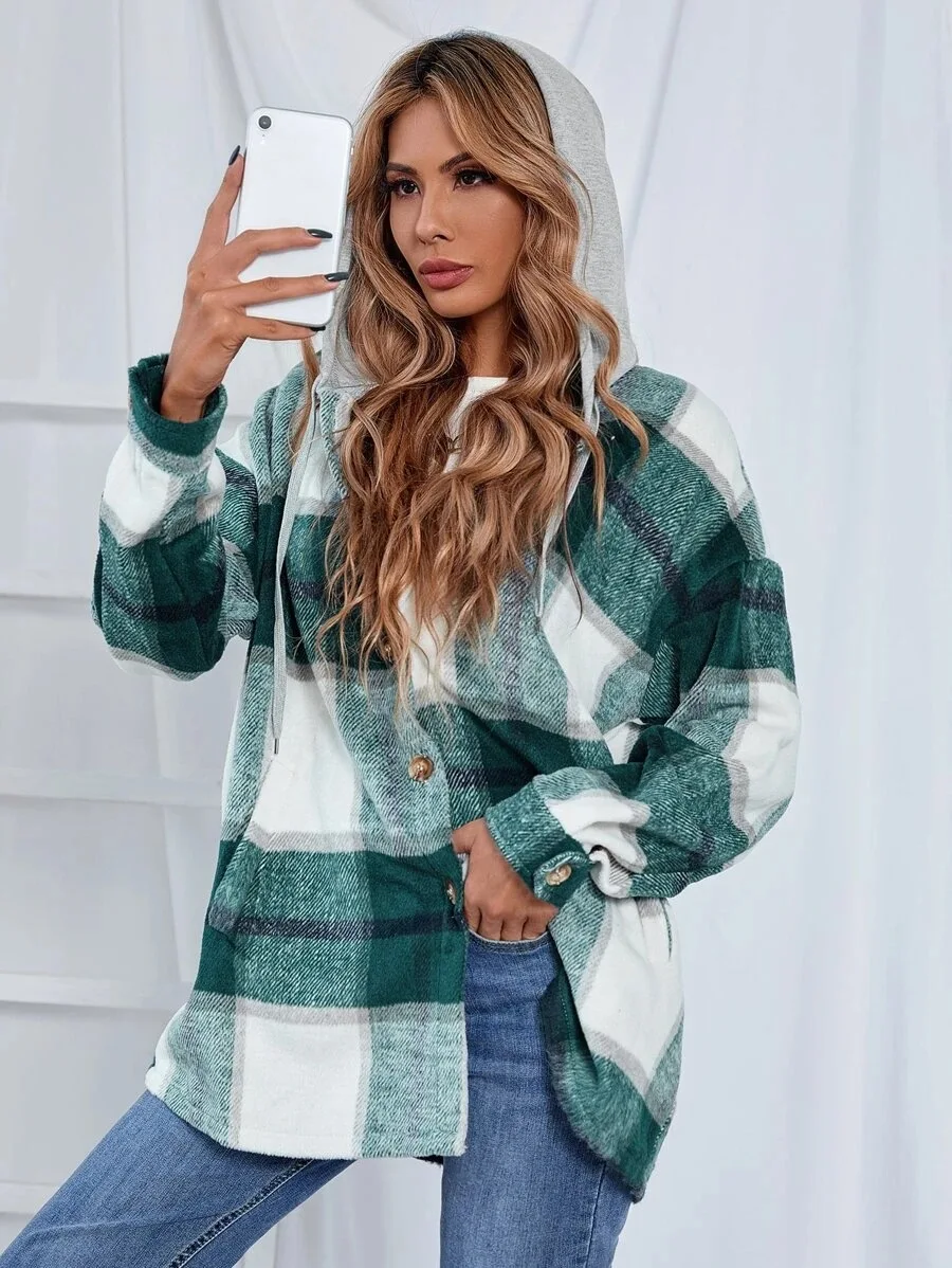 

Women Jackets New Streetwear Woolen Plaid Coat Hooded Single Breasted Cardigan Female Autumn and Winter Jacket Women Donsignet