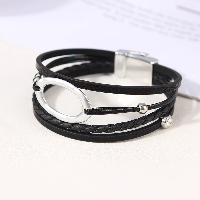 Браслет с овальной веревкой и магнитной пряжкой черный многослойный браслет