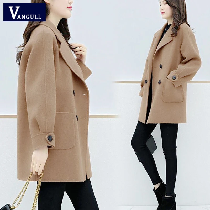 Vangull Women Wool Coat Winter Fall Single Breasted Long Coats Solid Turn-down Collar Loose Korean Female Jackets Outerewar | Женская