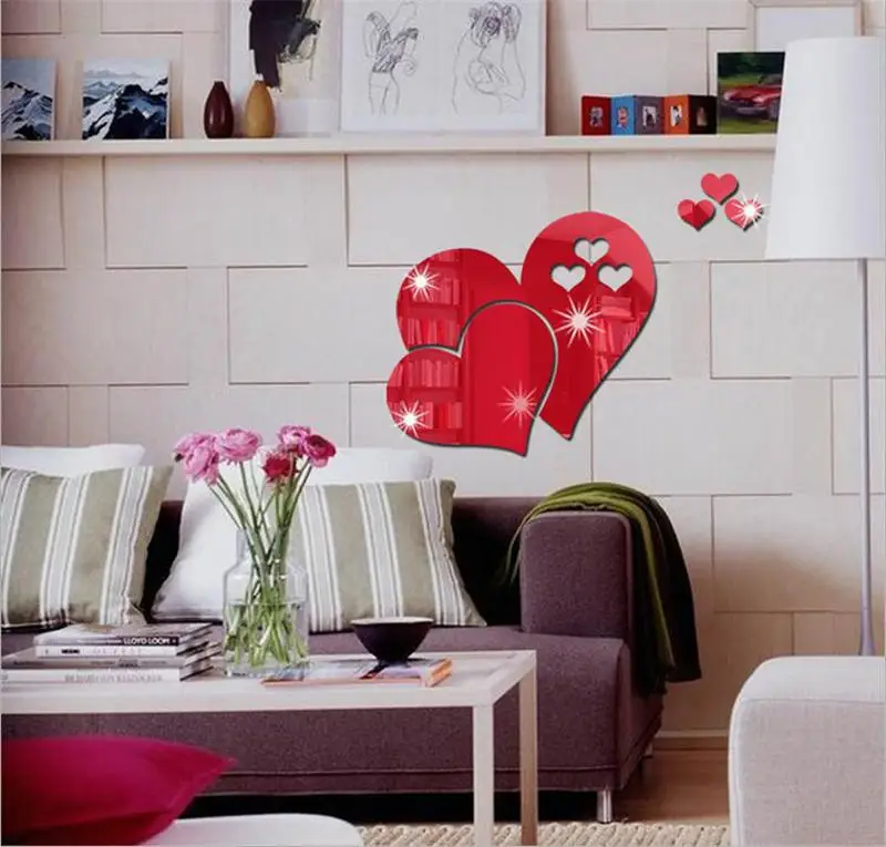 3D Хрустальные зеркальные настенные наклейки сердечки съемные самоклеющиеся DIY