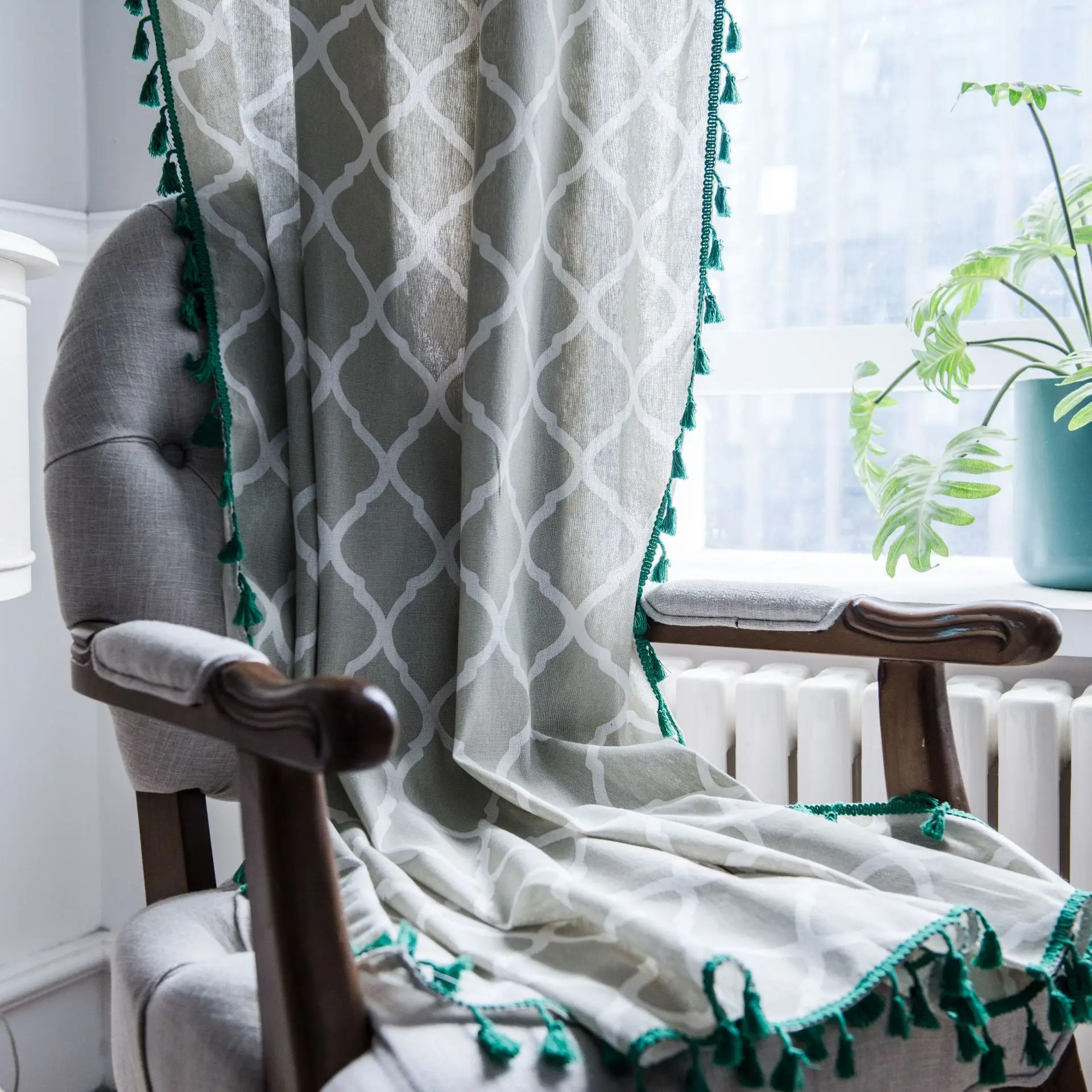

Plaid Tassels Curtains For Kitchen Living Room Home Decoration Curtains Linen Cotton Fabric Muiti Size Window Curtain Drape 1PC