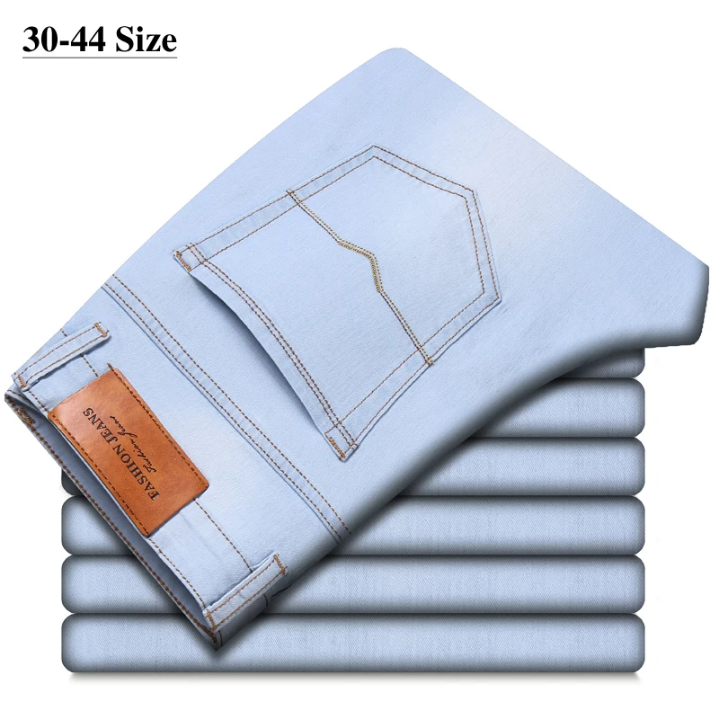 

Джинсы мужские тонкие небесно-голубые, модные повседневные свободные прямые расширенные штаны из денима, Брендовые брюки стрейч, размера п...