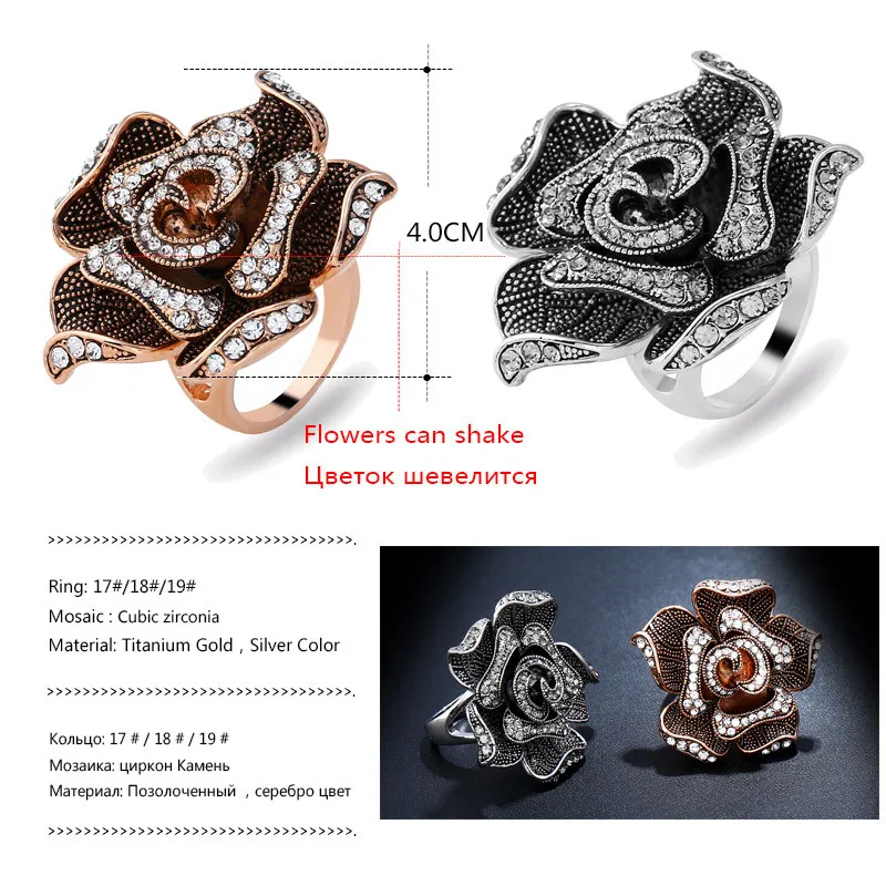 Женское кольцо с большим цветком KCALOE Винтажное кристаллом Anillos Anel розовое золото