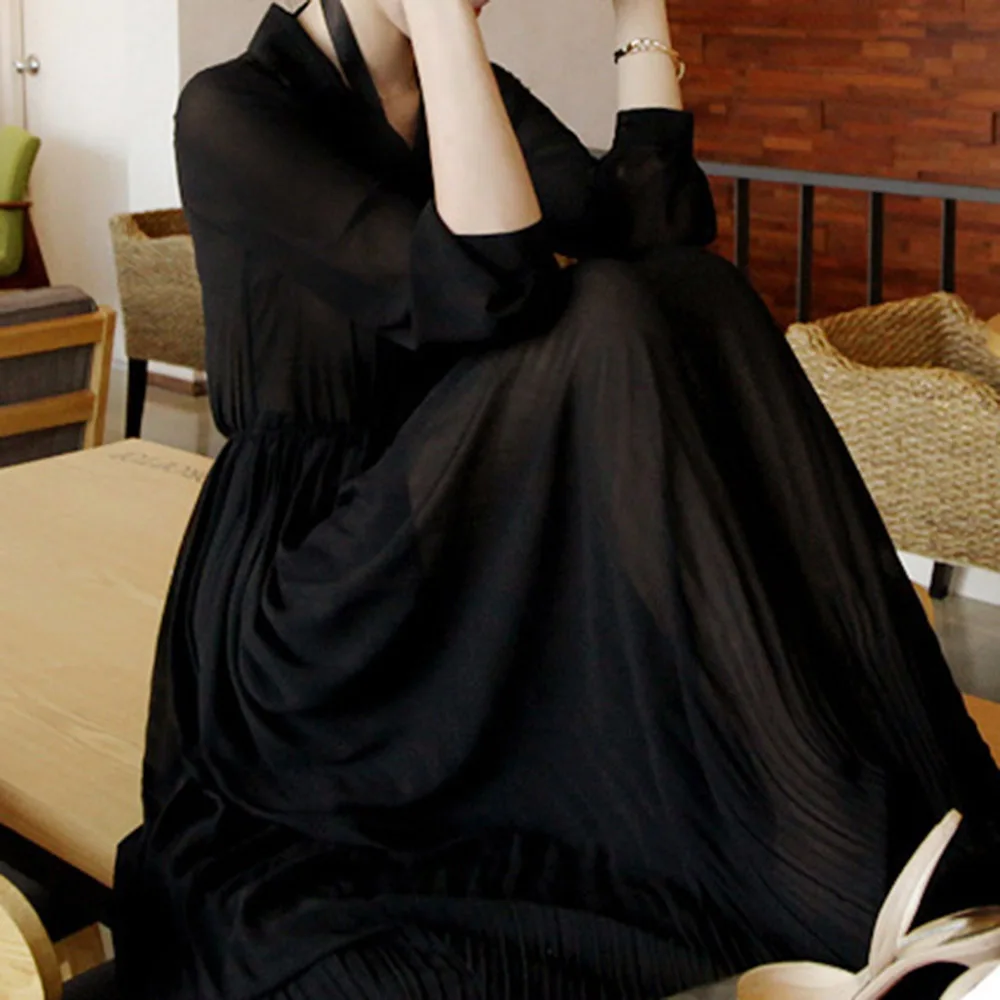 

Spring Women Long Dress High Waist Ankle-Length Pullover Pleated Dresses Office Lady Simple Young girl Casual Party Club 2021