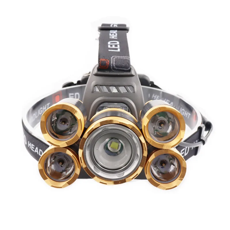 AEFJ Super bright LED Headlamp 5*T6 Lamp bead waterproof Headlight Zoomable fishing lamp camping Use 18650 battery | Освещение