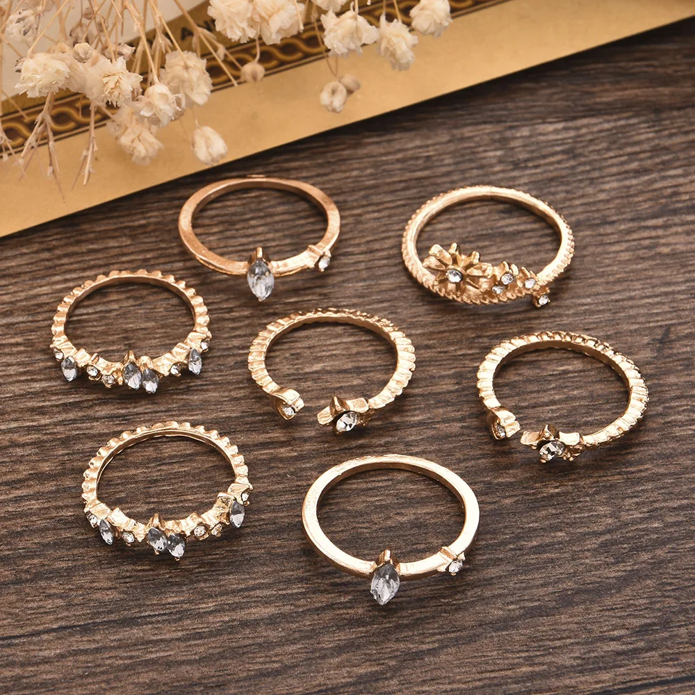 

7PCS Vintage Style Ring Set Rhinestone Antique Retro Male Boho Jewelry Female Black Amulet Vintage Rings for Women Bohemia