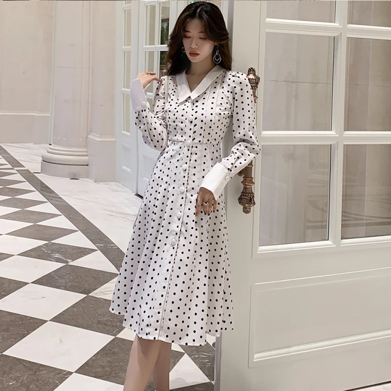 

Autumn Spring Office Ladies Dot Dresses Women Long Sleeve High Waist Turn Down Collar Midi Casual Dress TA341