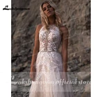 Розовое богемное свадебное платье с жемчугом, кружевные свадебные платья, а-силуэт, свадебное платье, свадебное платье