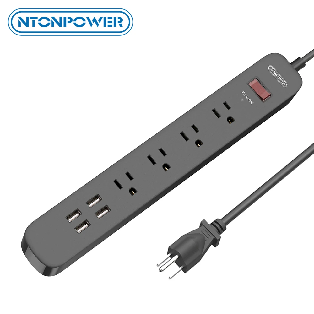 

NTONPOWER 1700J Surge Protector Power Strip 4 Outlets 4 USB Ports Multi Sockets Switch Flat Plug For Home Dorm Room Essentials