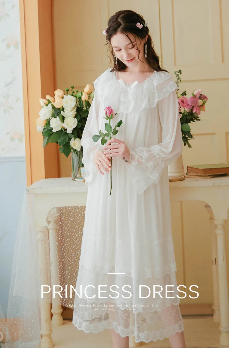 Long Sleeve Nightdress Lady Spring Summer Palace Princess Modal Mesh Long Nightdress Sweet Loose Large Size Home Clothes Autumn