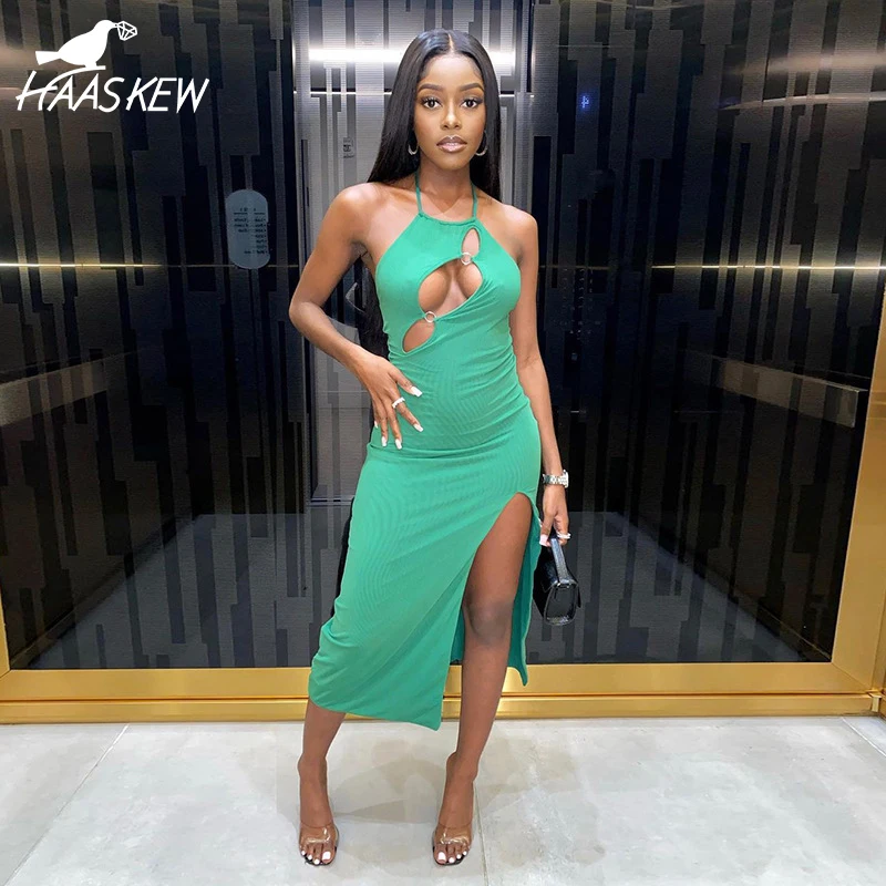 

HAASKEW Slit Halter Bodycon Midi Dress Women's Cut Out Backless Summer Elegant Sexy Party Evening Stylish Side Split Long Dresse