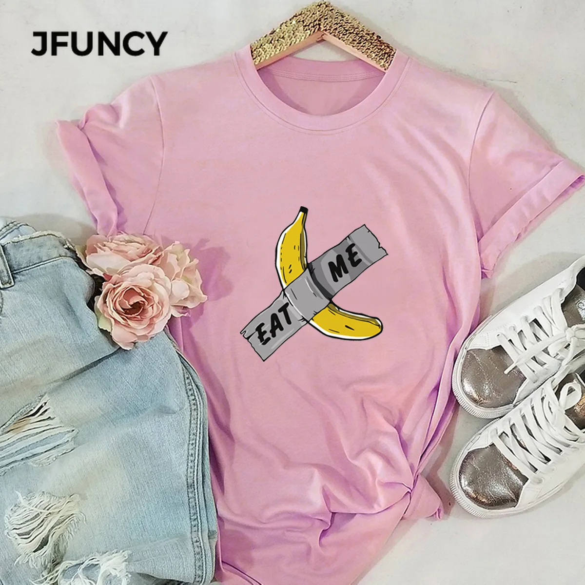 JFUNCY Spoof Banana Print T-shirt Short Sleeve Women T Shirt 100% Cotton T-shirts Women Summer Tee Shirts  Woman Tops