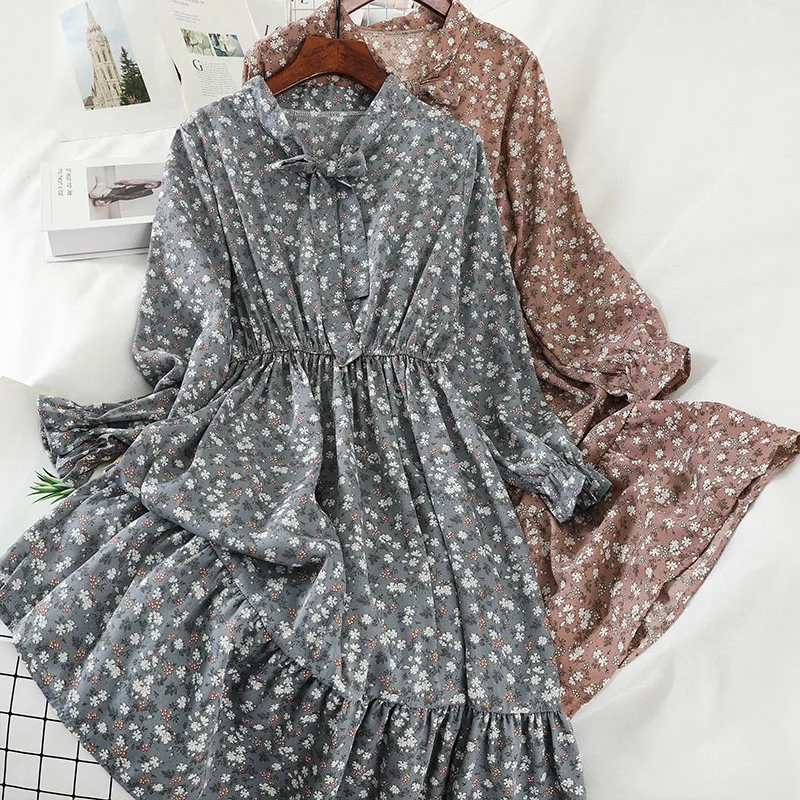 

Korean Dresses Elegant Floral Long Sleeve Chiffon Dress Woman Autumn Clothes 2020 Vintage Bow Boho Bohemian Clothes Mori Girl