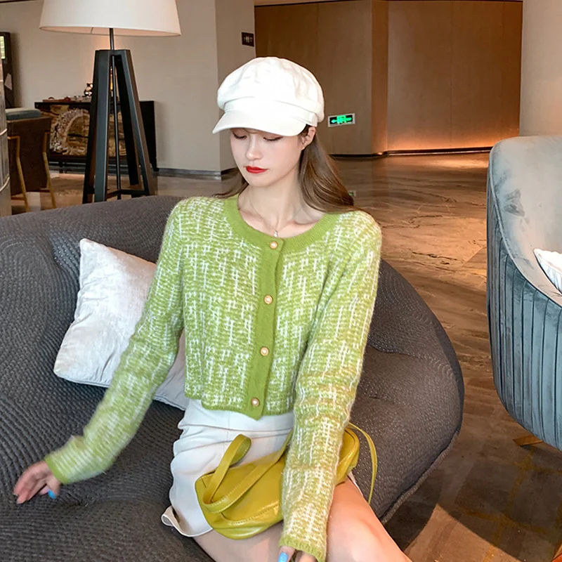 

Новинка 2021, женская одежда, стильное пальто с длинным рукавом, вязаный кардиган, милый короткий солнцезащитный жакет с пряжкой и высокой тал...