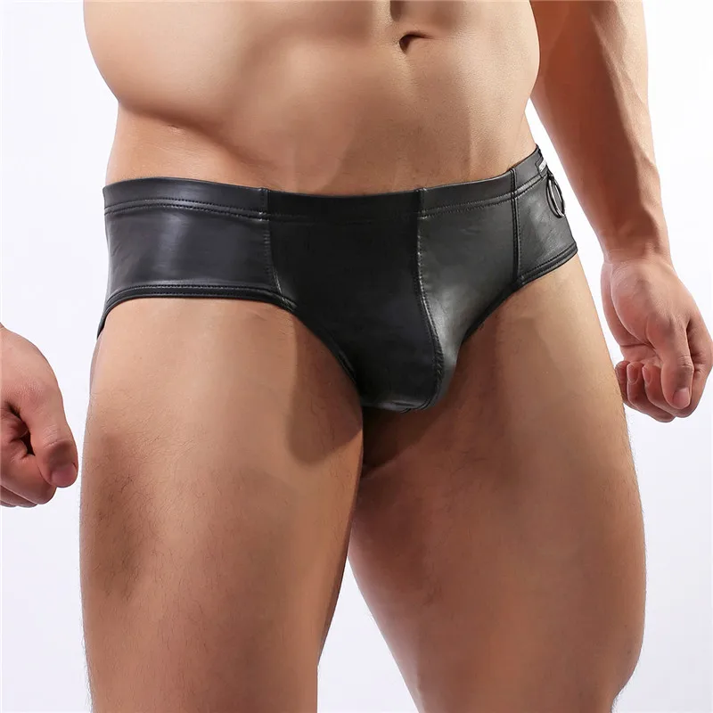Трусы брифы мужские из экокожи пикантное нижнее белье с заниженной талией