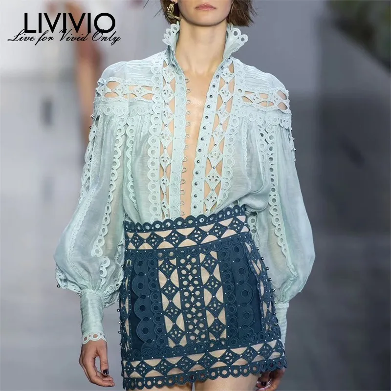 [LIVIVIO] Лоскутная кружевная блузка с бисером, сексуальная прозрачная блузка, женская рубашка, фонарь с длинным рукавом, топы с воротником-стойкой, Женская Осенняя корейская мода
