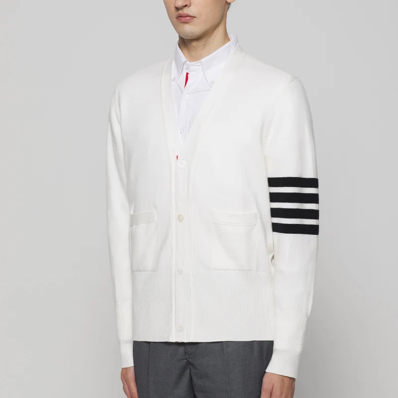 

THOM 2021 TB Fashion Brand Sweaters Men Slim Fit V-Neck Cardigan Clothing Striped Wool Cashmere White Autumn Winter Casual Coat