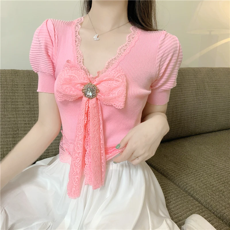 

bowknot v-neck knitted-shirt sweater lace stitching choli ins 2021 women summer new stereo short sleeve sweet girl