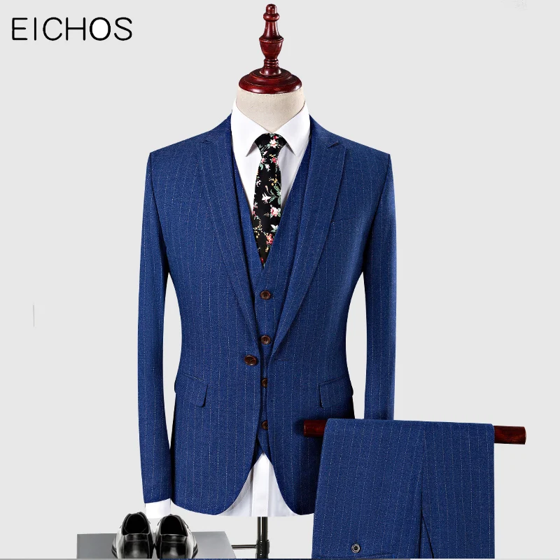

Men Suits For Wedding Striped Groom Slim Fit Three Pieces Tuxedo Jacket Mens Navy Blue High Quality Wedding Suit Men 5XL