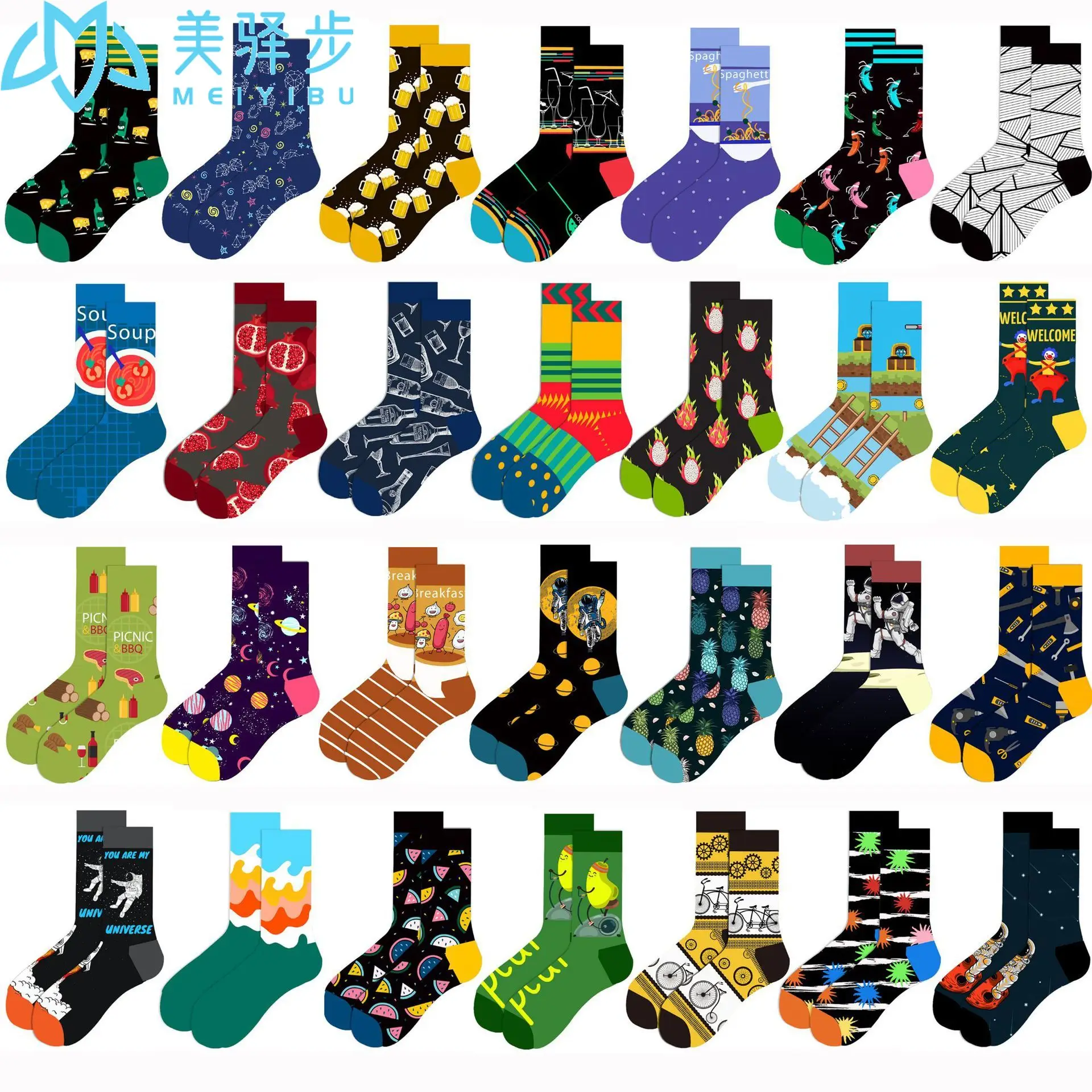 100 Pairs Per Set Original Design Hot Sales Autumn and Winter New Geometry Men's Socks Fruit Women's Funny Socks Girl