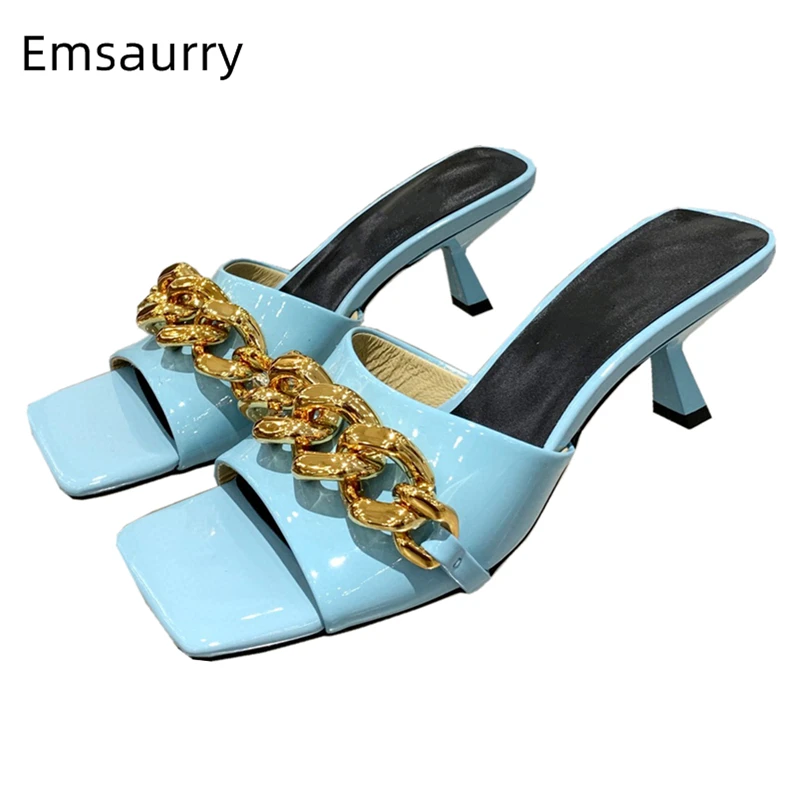 

Patent Leather Square Toe Runway Mules Lady Sexy Kitten Heel Slingbacks Chains Decor Multicolor Summer Sandals Women