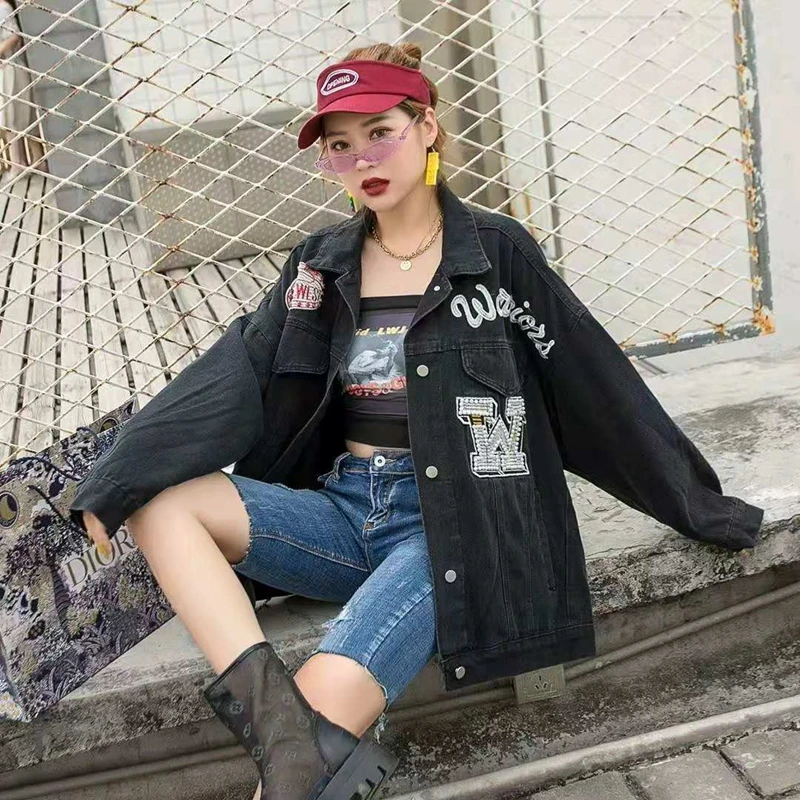 

Cartoon Cat Print Denim Jacket Women Korean Fashion 2021 Spring Autumn Loose Oversized Diamond Cowboy Coats Cool Streetwear