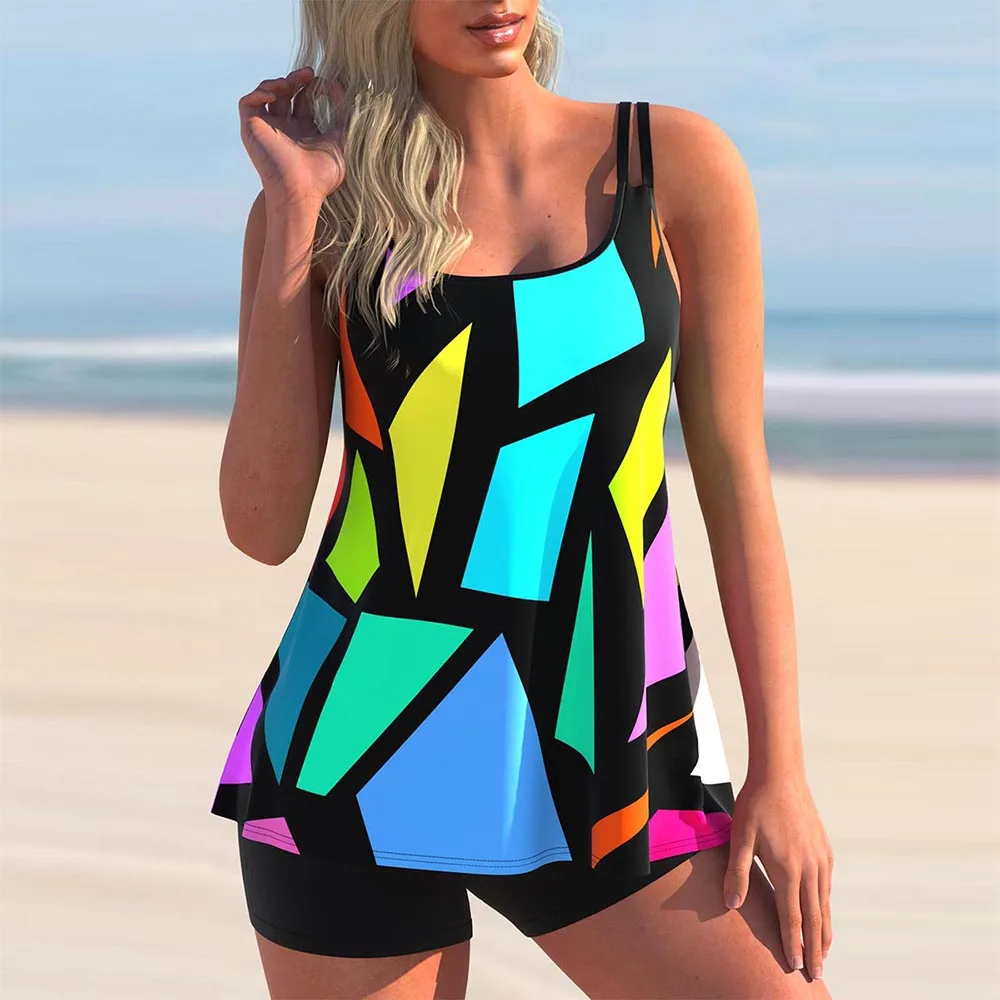 

Color Block Print Women's Swimsuit Plus Size Tankini Set 2022 Two Pieces Swimwear for Women Vintage Bathing Suit Beachwear Swim