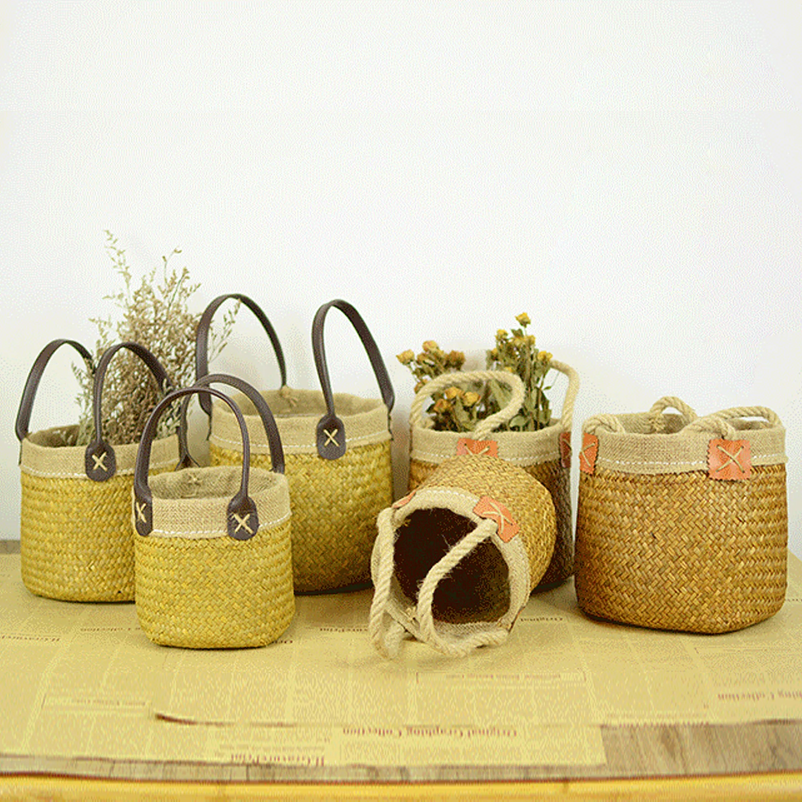 Straw Weaving Desktop Dried Flower Baskets Seaweed Box New Placement Home Craft Light Yellow Wedding Decoration Storage Weave | Дом и сад
