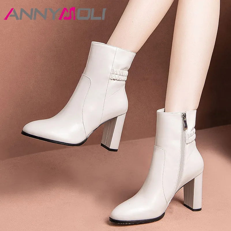 Женские короткие сапоги на молнии ANNYMOLI Зимние ботильоны из натуральной кожи