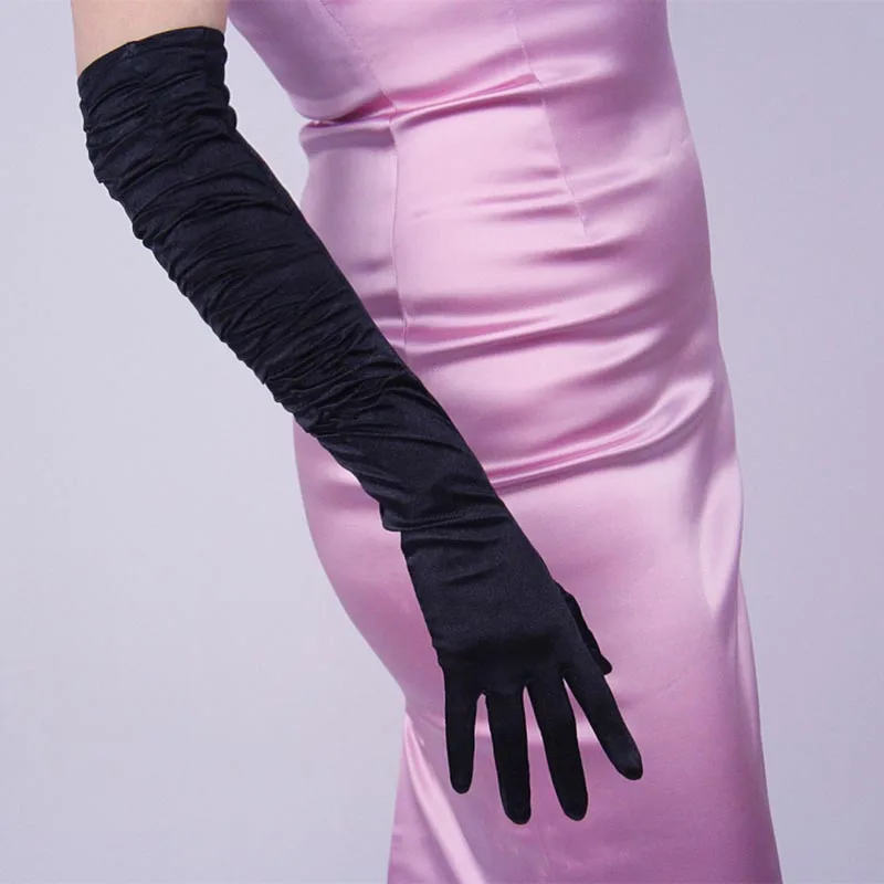 

Elegant Satin Black Long Thin Full finger Dress Gloves Women Retro Pleated Elastic Silky Pearlescent Driving Warm Glove K50