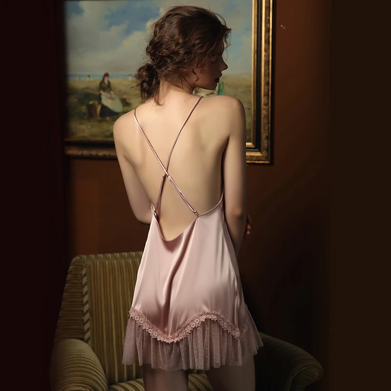 

Sleeping Dress Women Nightgown Sexy Open Back Satin Stitching Mesh Skirt Suspender Nightdress Home White/pink Home Clothes