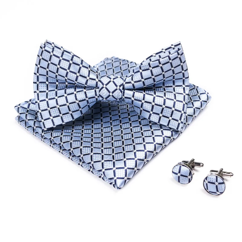 100% Silk Blue Bowtie Woven Dot Checked Stripe Men Bow Tie Set Butterfly Office Wedding Dress Mens Gift Formal luxury Accessory |