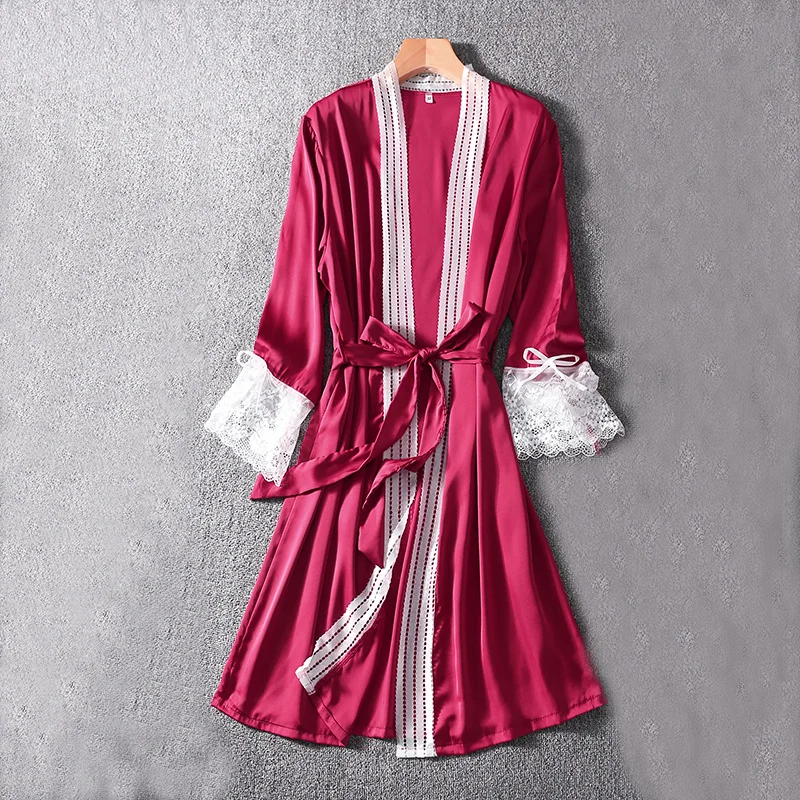 

Harajpee Women Pajama 2021 Summer French Sexy Sweet Alluring Style Solid Color V-Neck Lace-Up Design Loose Ice Silk Nightgown
