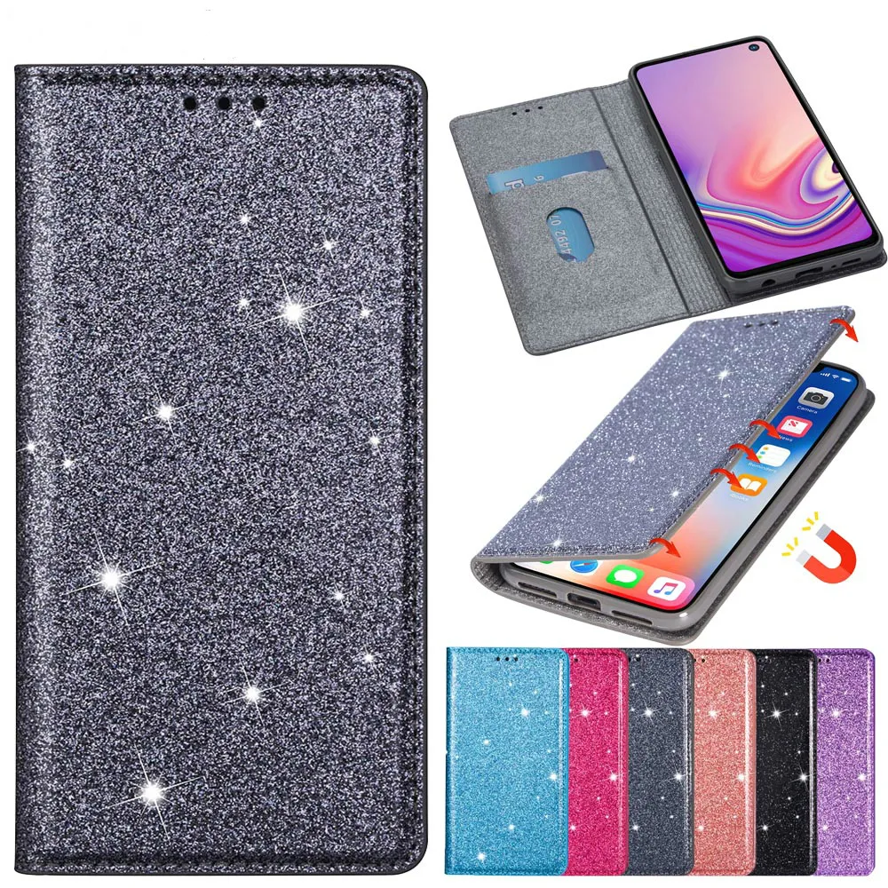 Glitter Leather Case for Samsung A20 A20E A50 A70 A6 A7 A8 J4 J6 2018 Magnetic Flip Case For S11 S10 S9 S8 S7 TPU Wallet cover