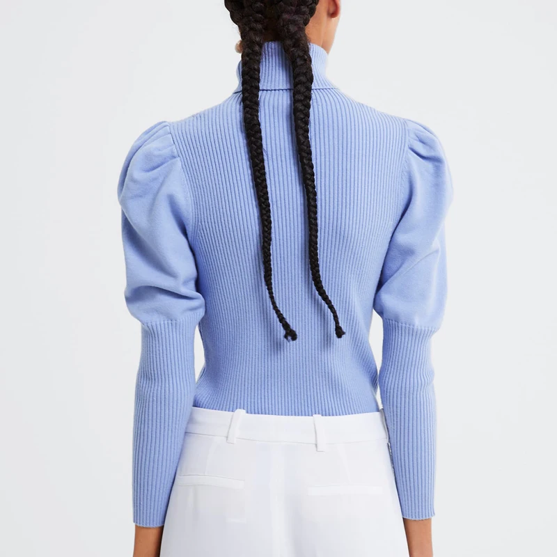 YNZZU Turtleneck Blue Balloon sleeve Women sewater Autumn Winter Slim Pullover Female Knitted pullover tops Jumper YT680 | Женская