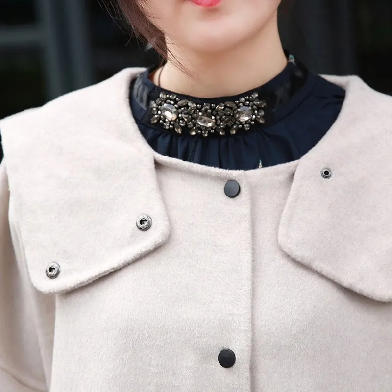 Женское пальто с капюшоном свободное двухстороннее шерстяное большого размера