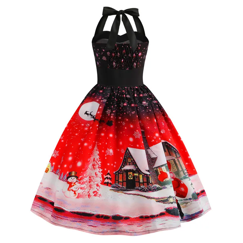 JY13172RED Сексуальное рождественское платье без бретелек с лямкой на шее, женское платье с принтом Санты, винтажное платье для вечеринок в стиле рокабилли, рождественское платье до колен - Цвет: JY13172RED