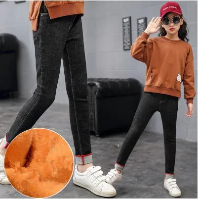 F9013 fleece jeans Коллекция года, зимняя детская одежда джинсы для девочек повседневные узкие джинсы из плотного флиса для маленьких девочек, джинсы для крупных детей, длинные штаны - Цвет: F9013 fleece jeans