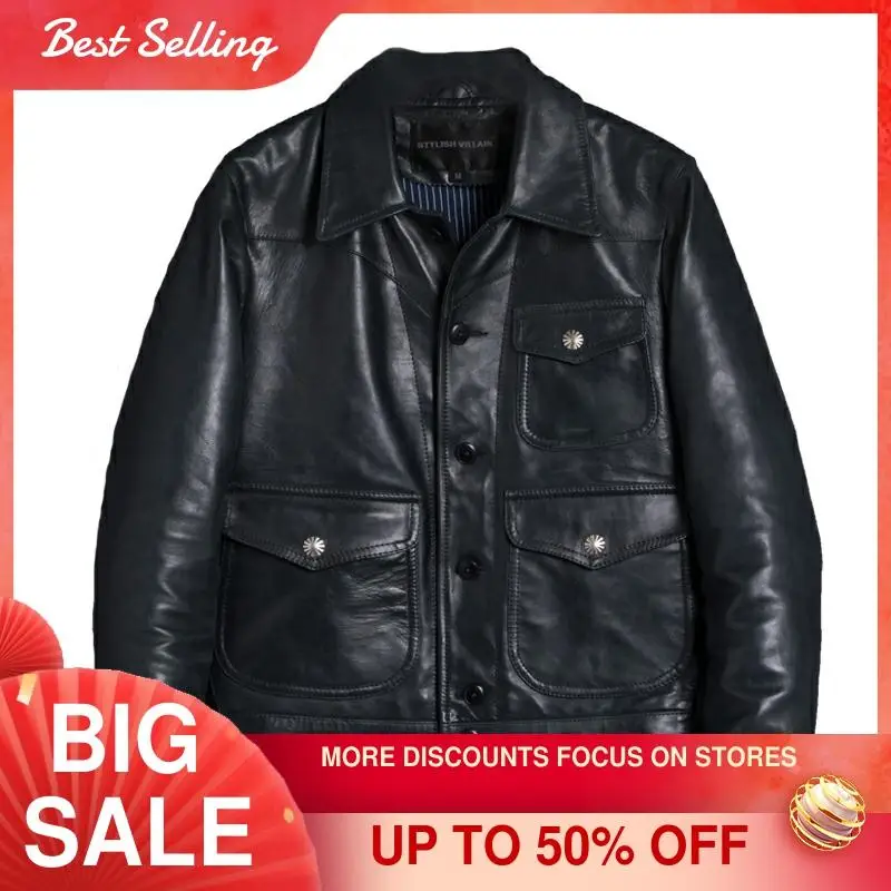 

2021 Blue American Retro Casual Style Genuine Leather Jacket Men Large Size 4XL Real Natural Cowhide Spring Slim Fit Coat