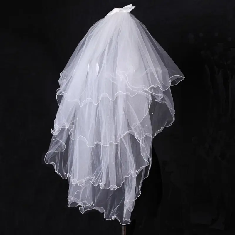 

T84B 4 Tier Layered Womens Wedding Veil Imitation Pearl Handmade Beaded Ribbon Bowknot Decor Agaric Wavy Trim Bridal Veil With