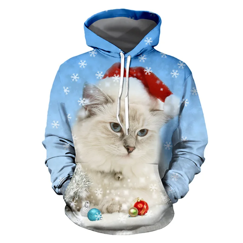 

2019New autumn and winter Christmas Wei personality trend new cat 3D digital printing loose hoodie pullover couple sweater