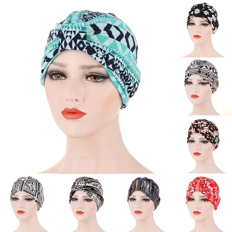 

Women Headscarf Caps Fashion Head Wrap Stretch Hat Turbantes Casual Muslim Headwear Comfortable Floral Hat Folding Turban Caps